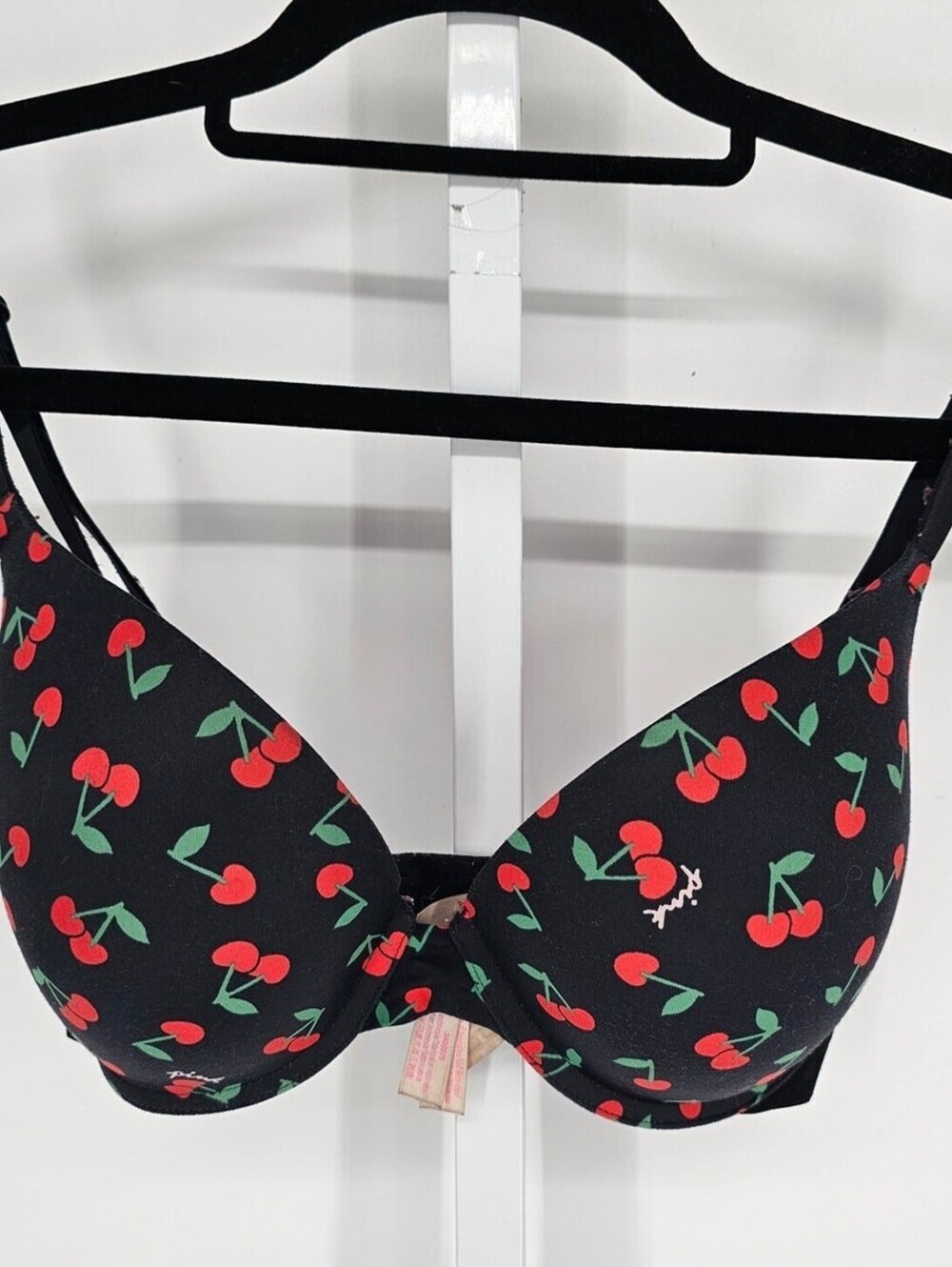 Y2K Pink by Victorias Secret Sz 34D Everyday Push Up Bra Black w/ Cherry Print